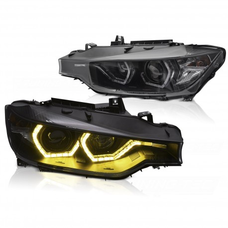 PHARES NOIRS FEUX DE JOUR ANNEAUX LED 3D JAUNES BMW SERIE 3 F30 F31 2011-2015 (06354)
